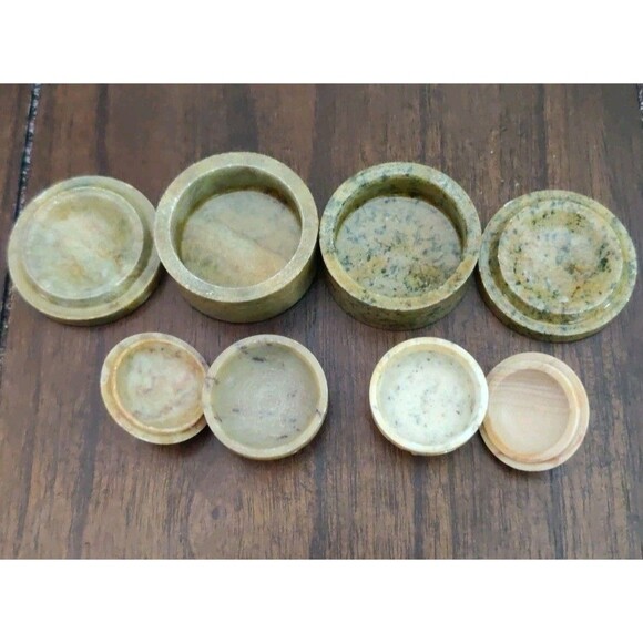 Lot Of 4 Round Trinket Jewelry Box Marble Stone Carved Brazil 1" 1.5" Vintage - Picture 2 of 6